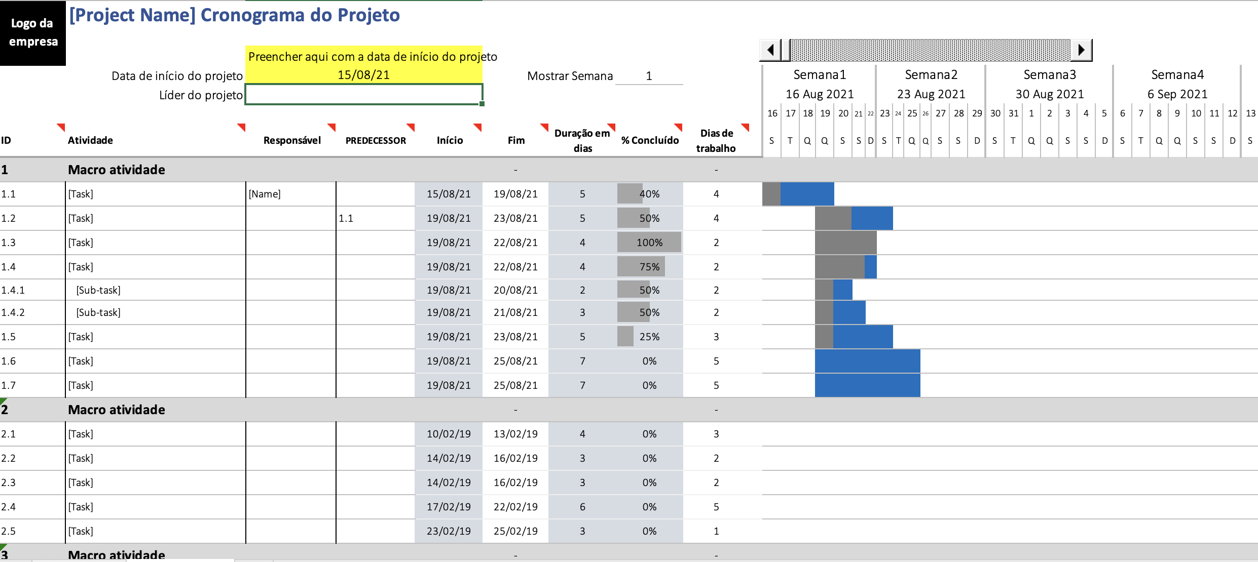 Cronograma do Projeto em Excel e MS Project